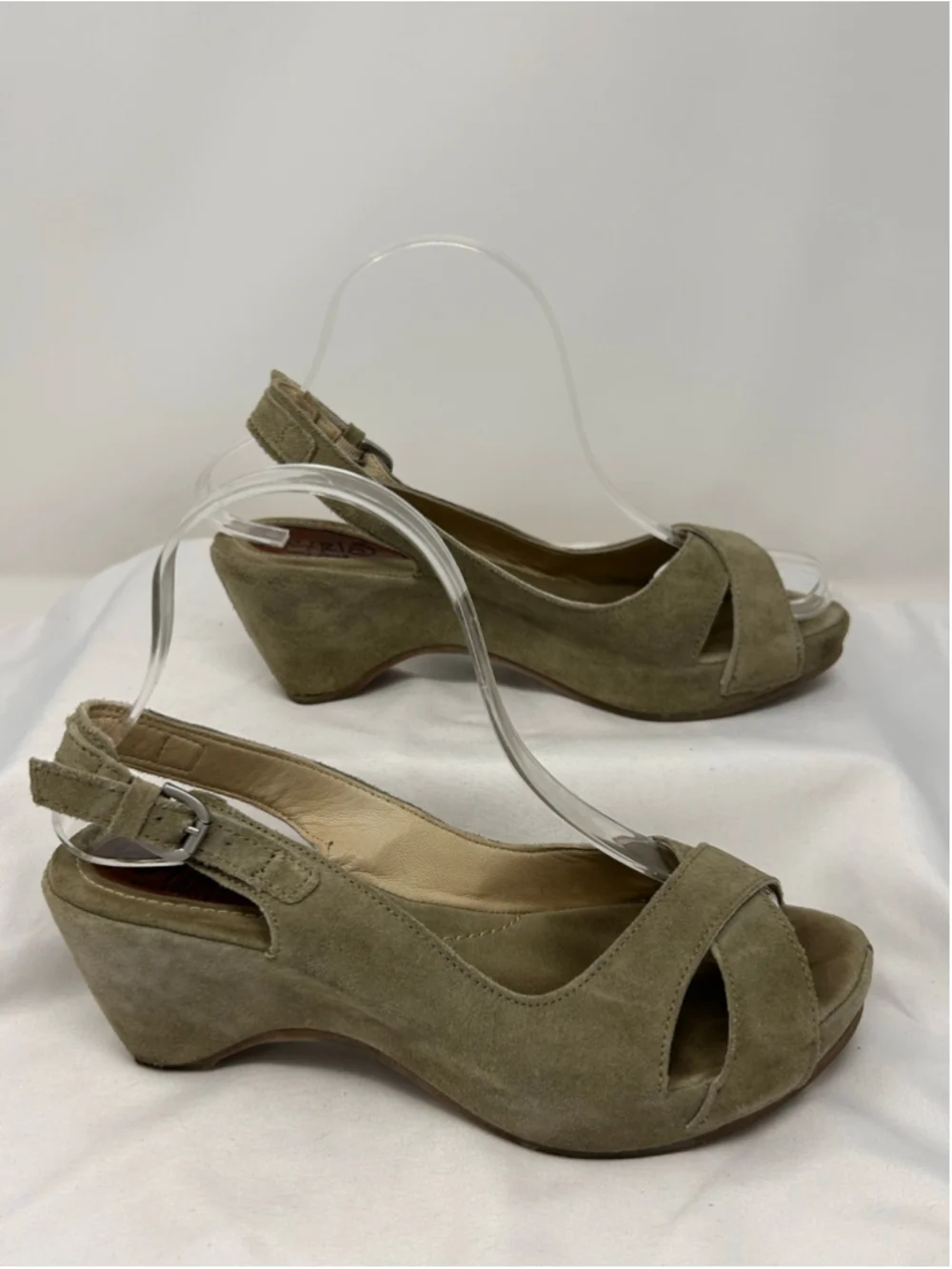 Khrio Olive Suede Leather Peep Toe Wedge Sandals Size 37